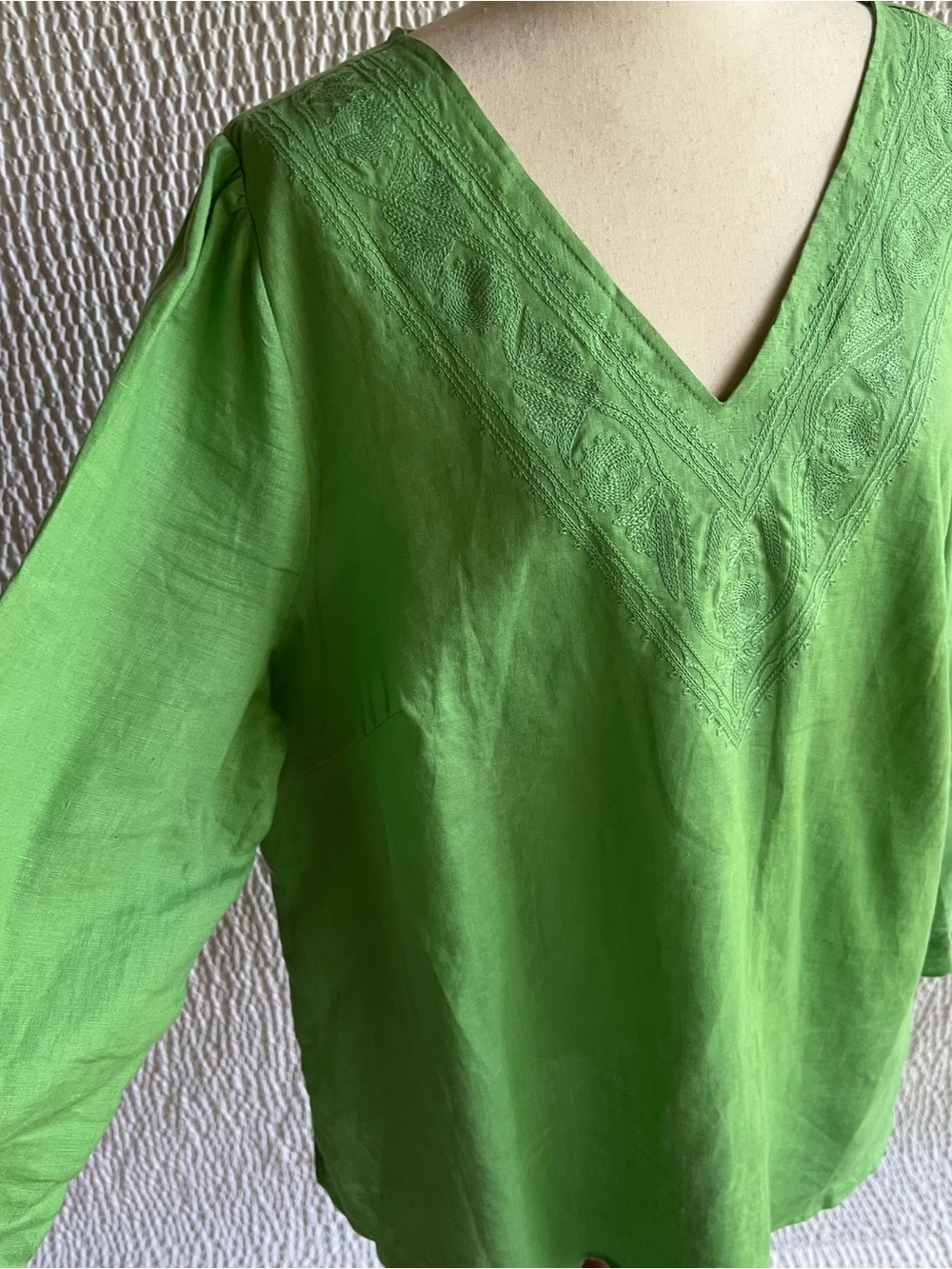 Carole Little Green Top 2X Solid Embroidered Vneck 3/4 Slv Pullover Shirt - Picture 10 of 10